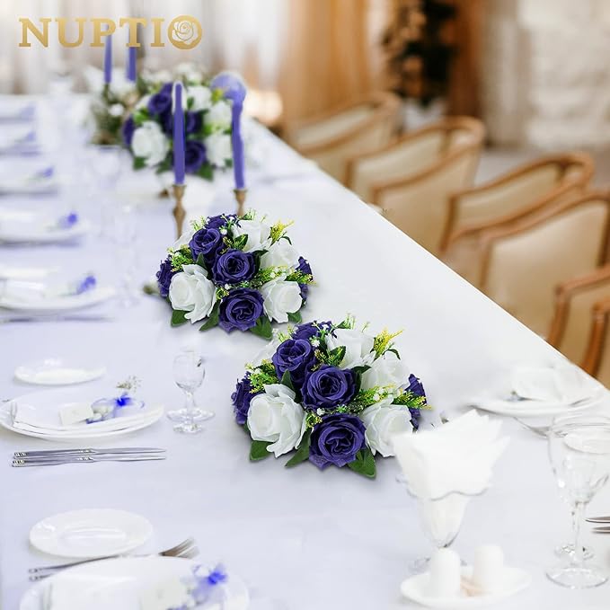 NUPTIO Artificial Flower Centrepieces for Tables - 2 Pcs 9.5in Diameter Navy Blue & White Fake Flowers Roses Balls - Silk Faux Rose Arrangement for Wedding Party Centerpiece Table Decorations