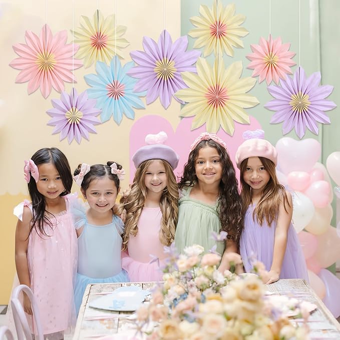 Homarkable 9 PCS Pastel Paper Flower Decorations,Yellow,Pink and Purple Pastel Party Decorations,Sunflower Folding Paper Fans,Classroom Decoration Paper Floral Backdrop Decor Paper Fans Decoration