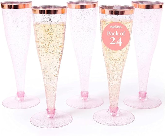 Prestee Set of 24 Plastic Champagne Flutes Disposable - Silver Glitter Pink Champagne Glasses with Rose Gold Rim, Elegant Toasting Cups for Weddings, Cocktail Parties, New Year's Celebrations