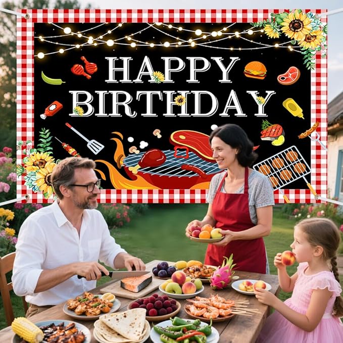 BBQ Birthday Party Decorations Large BBQ Happy Birthday Banner Red and White Gingham Picnic Banner Backdrop for BBQ Birthday Barbecue Party Supplies Yard Outdoor 7x5ft