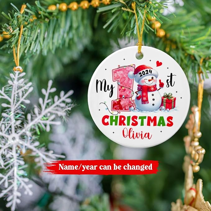 Personalized Snowman Baby's 1st Christmas Ornament, My First Christmas Snowman Ceramic Ornament 2025, Snowman Baby Boy Girl Xmas Tree Decoration, Custom Choose Name New Baby Snowman Ornament Xmas