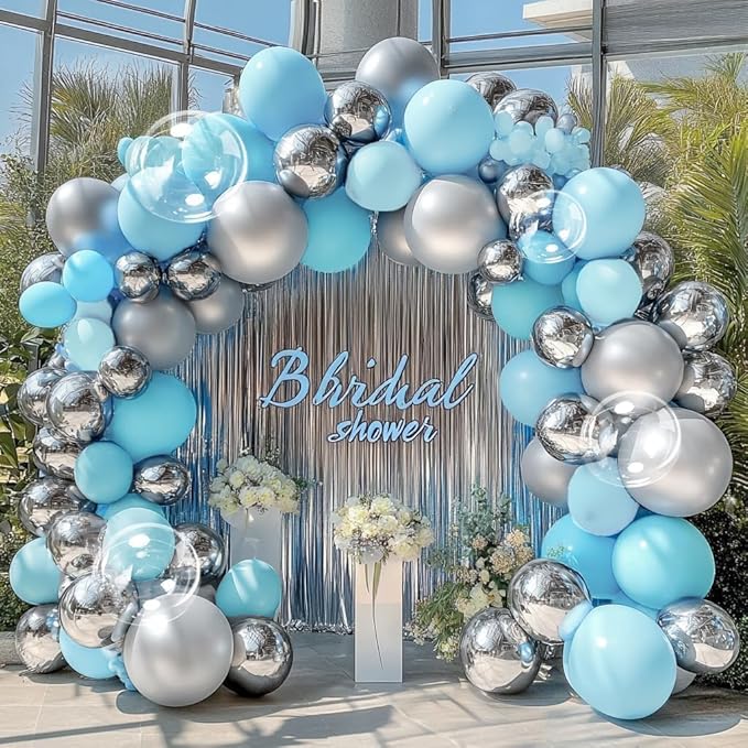 Blue Silver Balloon Arch Double Stuffed Pastel Baby Blue Metallic Balloon Garland Kit Clear Bobo Balloons for Birthday Baby Shower Bridal Shower Birthday Wedding Anniversary Party Decorations