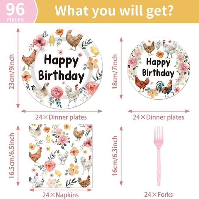 96Pcs Chicken Birthday Party Decorations Disposable Tableware Set - Floral Chick Hens Happy Birthday Paper Plates Napkins Forks Rustic Flower Poultry Dessert Farmhouse Party Supplies Serve 24 Guests
