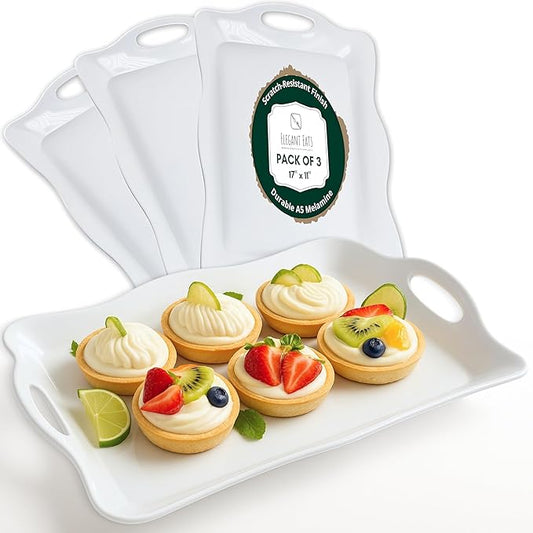 Large Melamine Tray, 17" x 11.5" - White Serving Tray with Handles - Dishwasher Safe - Rectangular Melamine Platter for Meat, Appetizers, Cookies, Grill or Party Snacks - Set of 3