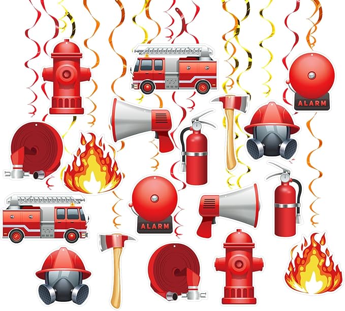 Firefighter Party Hanging Swirls, 48 Pcs,Fire Truck Party Decoration Sign,Hydrants Fire Rescue Equipment Theme Party Supplies for Birthday,Red Orange Yellow