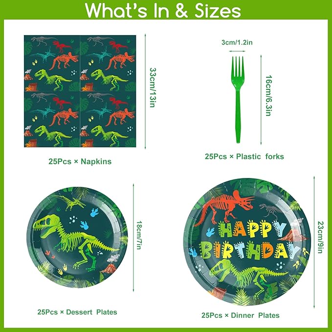 101 PCS Dinosaur Birthday Decorations Dino Party Decorations Set-Plates and Napkins,Tablecloth,Forks for Boy Dinosaur Baby Shower Decorations,Dino Theme Party,Serves 25 Guests