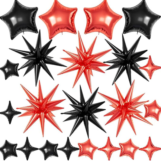 22 Pcs Star Balloons,22/18/10 Inch Star Foil Mylar Balloon,Spike Balloons and Four Pointed Balloon for Party Supplies Christmas Birthday Wedding Photo Booth (Black Red)