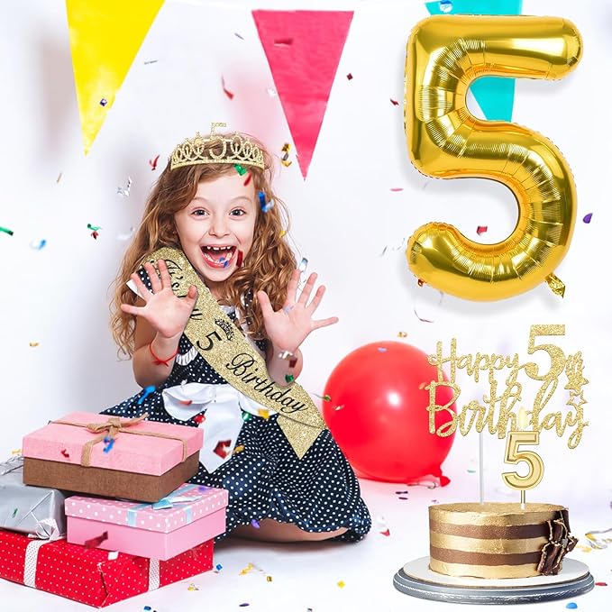 5th Birthday Decorations for Girls, Including Sash and Tiara, 5 Candles and Cake Toppers, Number 5 Balloon Gold, 5th Birthday Gifts for Girls (Gold)