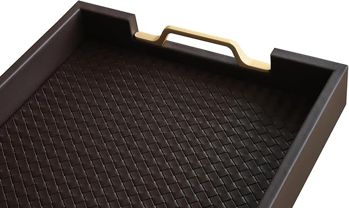HofferRuffer Faux Leather Rectangle Serving Tray Decor Platter with Gold Metal Handles for Coffee Table, Breakfast, Tea, Food, Countertop, Kitchen, Butler Tray, 16.2 x 12.2 x 2 inches (Coffee)