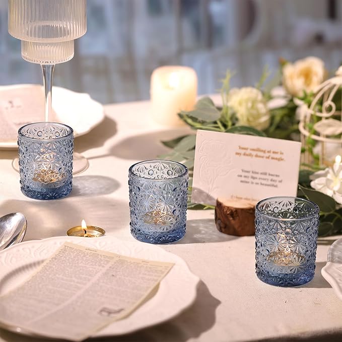 Blue Votive Candle Holder Set of 12, Flower Tea Lights Candles Holders for Wedding Table Centerpieces, Birthday Parties, Home Decor, Blue Bridal Shower and Holiday Decorations