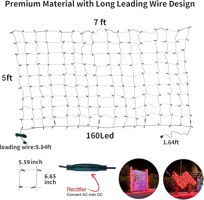 Led Christmas Net Lights Red Outdoor Christmas Lights 160LED 5ftx7ft, Waterproof Outdoor Indoor Fairy Mesh Net Light for Xmas Party, Yard, Patio, Trees, Shrubs, Bushes Decorations