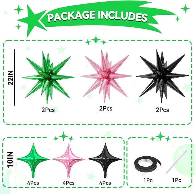18 Pcs Pink Green Star Balloons, Black Green Pink Balloon with 6 Pcs 22-Inch Explosion Star Balloons 12Pcs 10-Inch Four Pointed Stars Foil Balloon for Wedding Forest Spring Birthday Party Decor