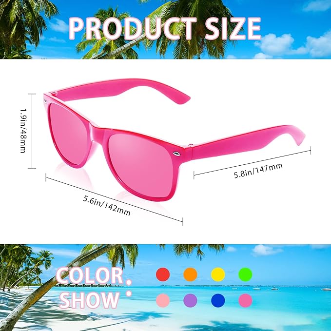 SUNOVELTIES 12/24 Pack Neon Party Sunglasses Mirrored/Jelly Lens Bulk Glasses Horn Rimmed Eyewear for Men Women