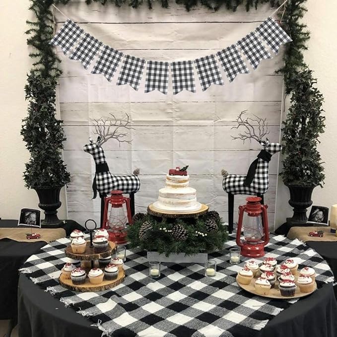 Buffalo Check Plaid Banner for Christmas Mantel Fireplace Decorations – Black and White Gingham Bunting Garland Baby Shower Birthday Party Supplies