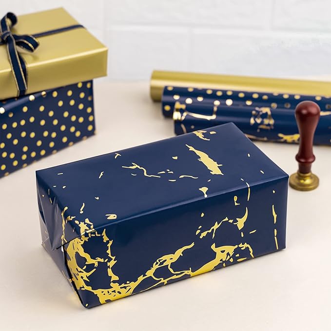 MAYPLUSS Wrapping Paper Roll - Navy Blue and Gold Wrapping Paper - 17" x 120" Per roll - Navy Gold Polka Dot Gold Foil for Birthday,Wedding,Baby Shower,Men(3 Rolls 42.3 sqft)