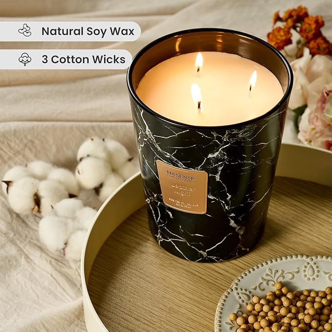 M&SENSE Extra Large Candle 35oz 150H LeatherNight Scented, 3 Wick Highly Scented Jar Candles, XL Large Christmas Gift Candle for Women, Long Lasting Burning for Holiday, Thanksgiving, Christmas