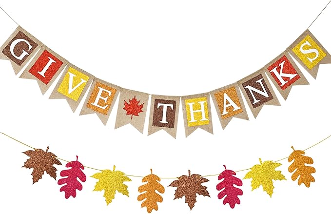 Give Thanks Burlap Banner Thanksgiving Decorations Maple Leaves Glitter Banner for Thanksgiving Party Fall Harvest Supplies Fireplace Mantle Decor