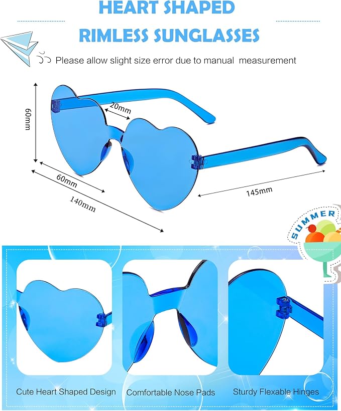 20 Pairs Heart Shaped Sunglasses Bulk, Colorful Rimless Fun Heart Sunglasses for Women Party Favors
