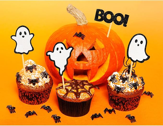 24 Pack Glitter Halloween Ghost Cupcake Toppers - Baby Shower Decor Gender Reveal Decorations (Black)