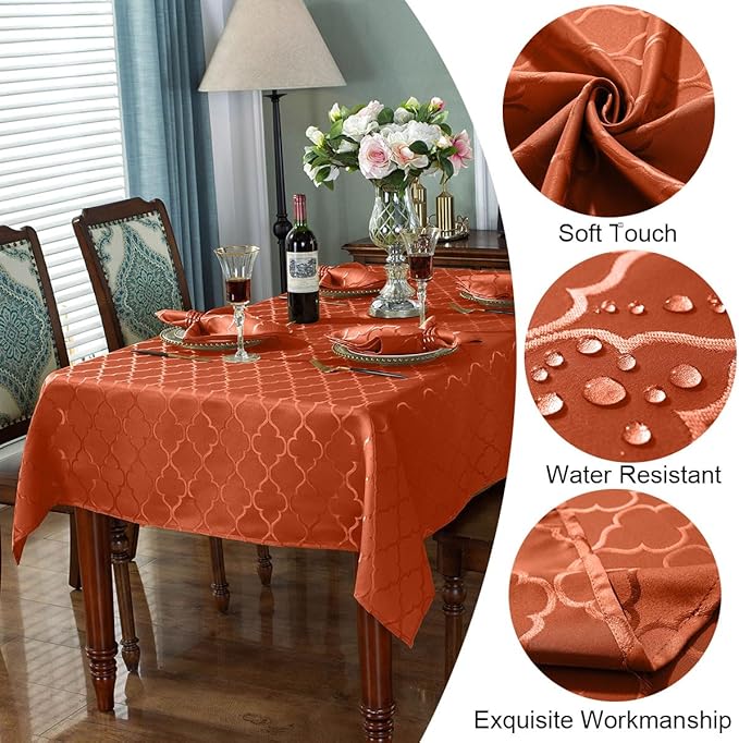 SASTYBALE Rust Jacquard Damask Tablecloth - 52x52 Inch Square (Fits 2-4 Seats) - Fall Thanksgiving Decor - Water Resistant, Wrinkle-Free Polyester Fabric, Rustic Harvest Dining Cover for Parties
