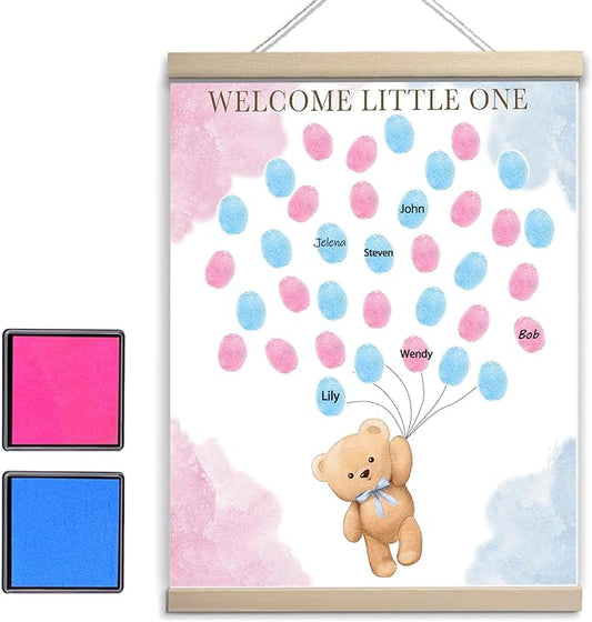QZCYU Bear Theme Baby Gender Reveal Decorations, Baby Shower Guest Book Party Ideas, Gender Reveal Fingerprint Tree, Canvas Thumbprint Hanging Paintings