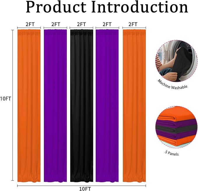 Halloween Backdrop Curtain,10×10ft Black Orange Purple Party Background Decor for Spooky Parties Photo Booths Home Haunted House Reusable Holiday Wall Decoration for Adults Teens