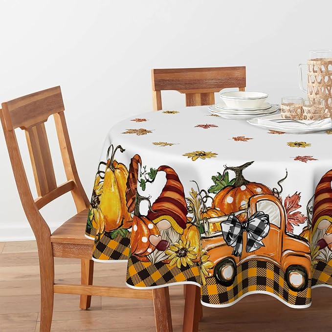 Horaldaily Fall Tablecloth 90×90 Inch Round, Thanksgiving Autumn Harvest Orange Truck Gnome Pumpkin Buffalo Plaid Table Cover for Party Picnic Dinner Decor