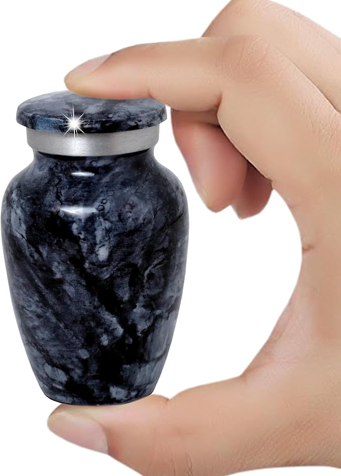 Small Keepsake Urn for Human or Pet Ashes – Handcrafted Dark Black Marble Mini Urn with Velvet Bag & Gift Box | Durable Metal Memorial Token Jar for Baby, Infant, Pet or Loved One – 3 Cu in
