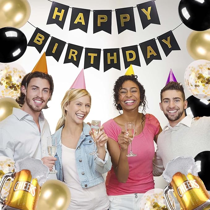 ZHENGYE Black Gold Birthday Decorations Set Happy Birthday Banner Latex Balloon Beer Balloons Beer Themed Decoration Party Supplies