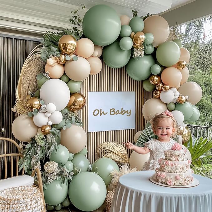 Dusty Green White Gold Balloon Garland Double Stuffed Light Sage Green White Sand Beige Balloon Arch Kit Olive Cream Metallic Balloons for Baby Bridal Shower Birthday Wedding Wild One Party Decor