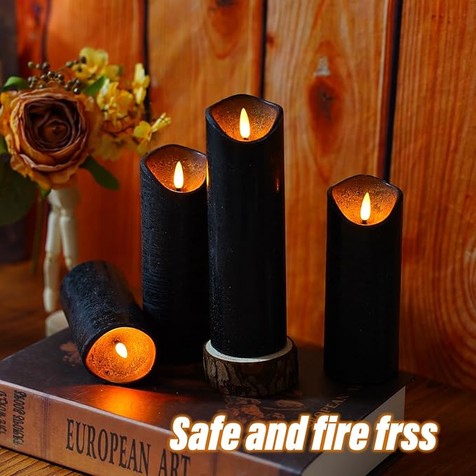 Flickering Flameless Candles with Remote Control and Timer Set of 5 Pc Real Wax LED Pillar Candles, Battery Operated Candles（D2.2×H5/5.5"/6"/7"/8"） Home Decor Flameless Candles（Black）