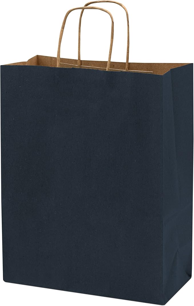 Prime Line Packaging Paper Gift Bags, Navy Blue Gift Bags with Handles, Medium Shopping Bags for Small Business, Retail, Boutiques, Graduation, Bulk, 10x5x13, 100 Pack