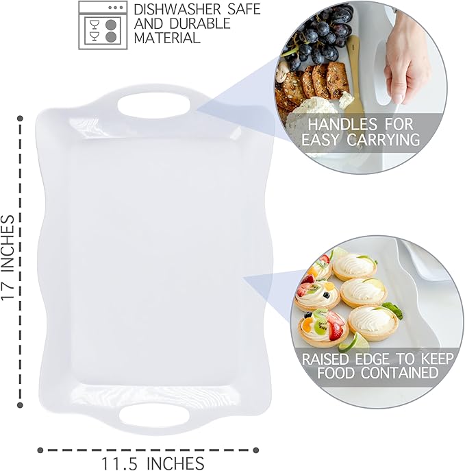 Large Melamine Tray, 17" x 11.5" - White Serving Tray with Handles - Dishwasher Safe - Rectangular Melamine Platter for Meat, Appetizers, Cookies, Grill or Party Snacks - Set of 3