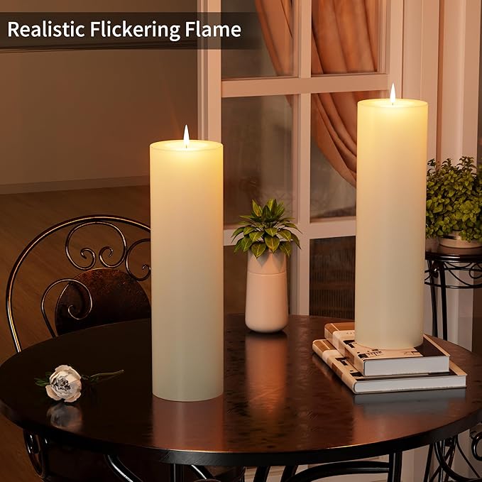 14" x 4" Large Outdoor Candles with Timer Waterproof Flickering LED Flameless Candles Battery Operated with Remote Fake Pillar Candles Realistic for Patio Porch Lanterns, Ivory 2 Pack