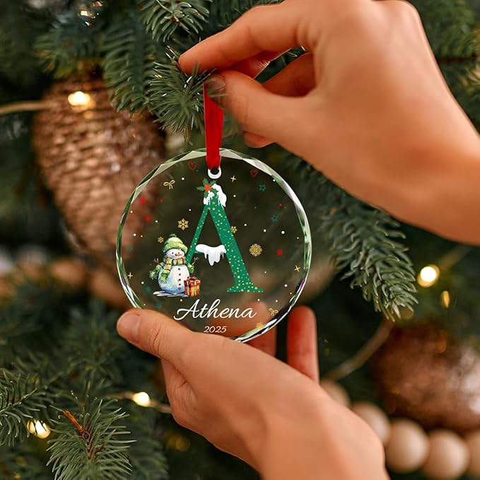 Personalized Round Christmas Crystal Glass Ornaments Custom 2025 Name Ornament for Christmas Tree Decor Customized Smowman Tree Hanging Gifts for Family