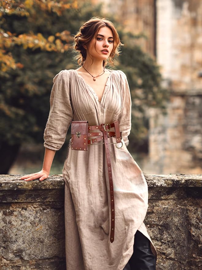 Ultrafun 3pcs Renaissance Belt Accessories Faux Leather Medieval Viking Chain Belt Bag Skirt Hike Ren Faire Costume