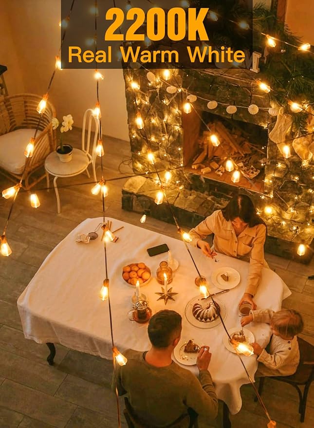 Ollny Outdoor String Lights 120FT with 60+2 Spare ST38 Vintage Bulbs, Shatterproof Connectable Patio Lights, 2200K Warm White Waterproof Outside Hanging Light for Yard Camping Gazebo Porch Balcony