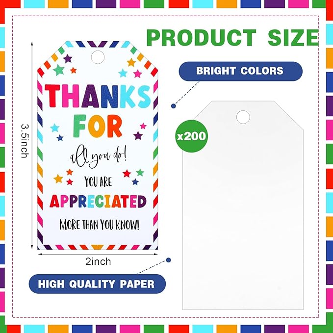 Spiareal 200 Pcs Thank You Gift Tags Bulk Thanks for All You Do Rainbow Tags with String White Paper Gift for Employee Appreciate Wedding Thanksgiving Party