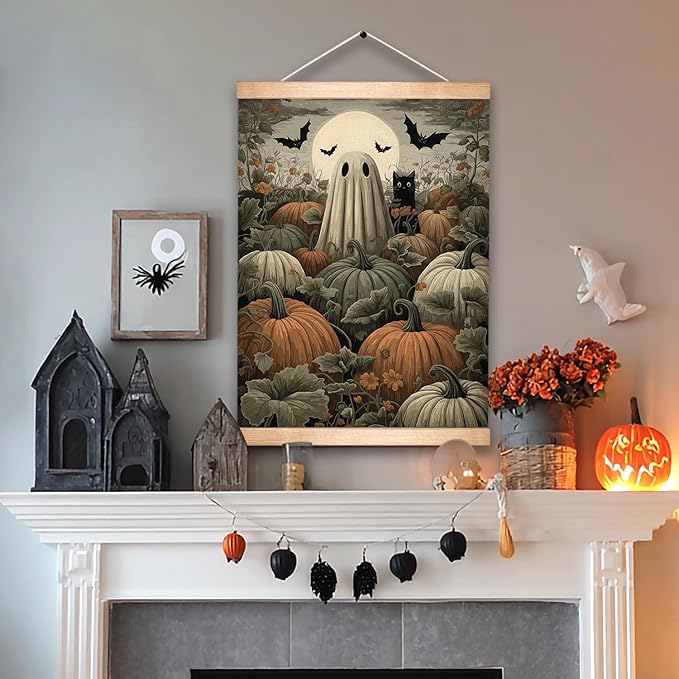 Halloween Ghost and Black Cat Pumpkin Field Wall Art, 18.5x14 Inch Gothic Halloween Linen Canvas Print, Vintage Spooky Fall Decor, Retro Witch Gothic Wall Hanging Poster for Living Room Kitchen (BLK11)