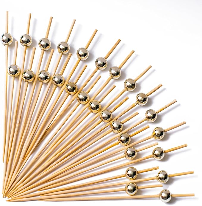 PuTwo Cocktail Picks 4.7 Inch 200pcs Bamboo Fancy Skewers Toothpicks for Appetizers Gold Pearl Toothpicks for Food Drink Fruit Sandwich BBQ Charcuterie Boards Accessories Birthday Party Supplies