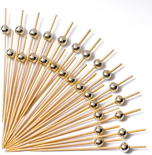 PuTwo Cocktail Picks 4.7 Inch 200pcs Bamboo Fancy Skewers Toothpicks for Appetizers Gold Pearl Toothpicks for Food Drink Fruit Sandwich BBQ Charcuterie Boards Accessories Birthday Party Supplies