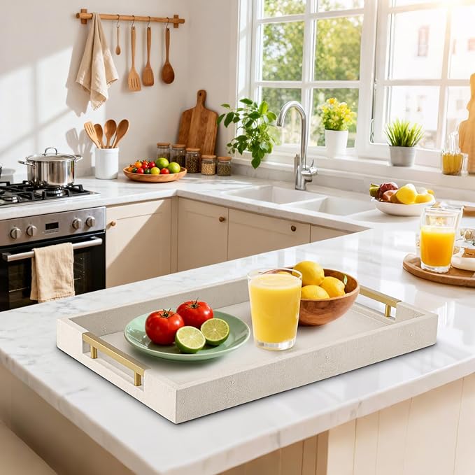 Beige Faux Leather Serving Tray with Handles – Large Decorative Tray for Coffee Table, Ottoman, Living Room, Bathroom – Home Decor