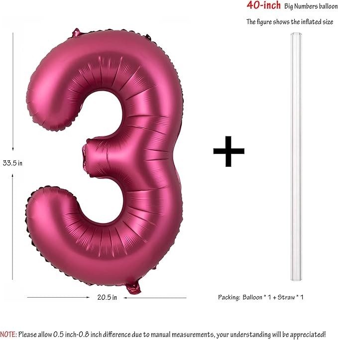 Number 3 Balloons 40 Inch Wine Red Burgundy Foil Helium Large Balloons for Birthday Party Anniversary Decorations（Digital 3）