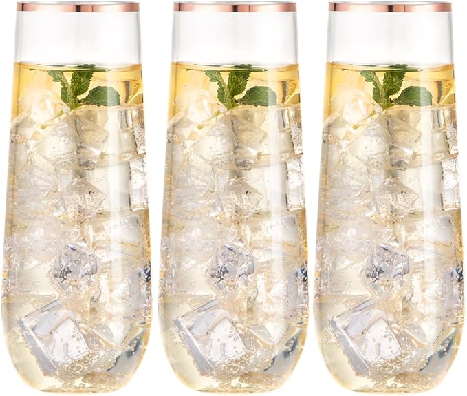 SUT 36 PCS Stemless Champagne Flutes 9 Oz - Shatterproof Plastic Toasting Glasses with Rose Gold Rim, Elegant Disposable Cups for Weddings, Parties, Mimosas & Cocktails