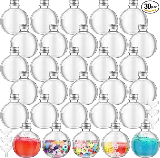 Jinei 30 Pcs 6 oz Ball Shape Plastic Sand Art Bottles Spherical Clear Plastic Potion Bottles Christmas Cocktail Ornament Balls for DIY Wedding Party Gift Crafts Decoration (Silver,Aluminum Cap)