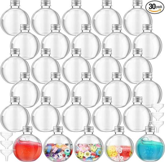 Jinei 30 Pcs 6 oz Ball Shape Plastic Sand Art Bottles Spherical Clear Plastic Potion Bottles Christmas Cocktail Ornament Balls for DIY Wedding Party Gift Crafts Decoration (Silver,Aluminum Cap)
