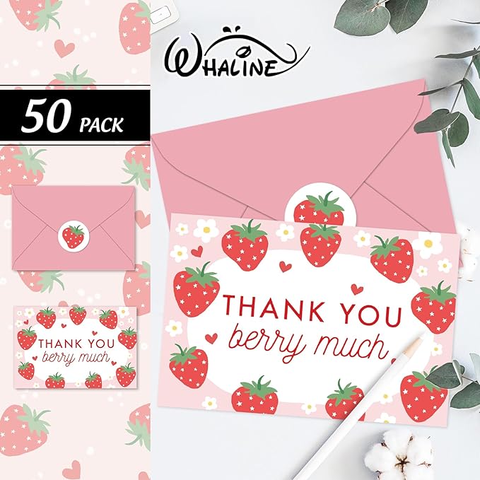 Whaline 50 Packs Strawberry Thank You Cards Red Pink Strawberry Flower Greeting Cards Blank Note Card Boxed with Envelopes and Stickers for Birthday Baby Shower, 4 x 6 Inch