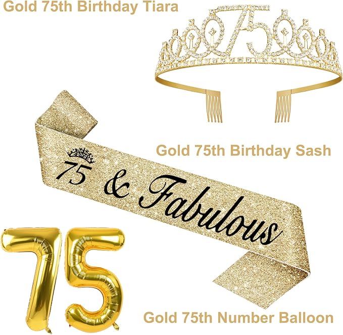 75th Birthday Decorations - Women's Sash & Tiara, Cake Toppers, Number 75 Candles, Gold Balloons, Party Gifts