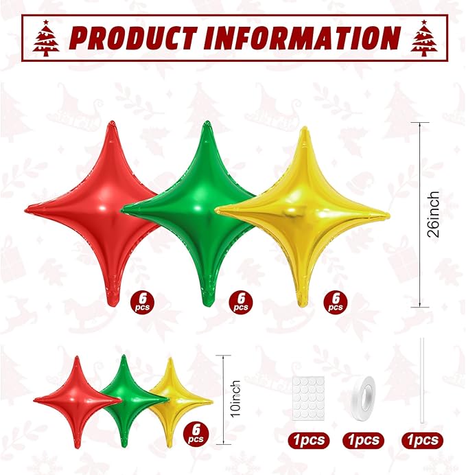 Red Green Gold Christmas Balloons,12Pcs Four Angle Star Foil Balloons,26Inch and 10Inch Red Green Gold Quadrangle Helium Polyester Balloon for Christmas Xmas New Year Birthday Party Decorations