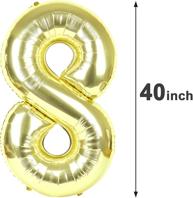 Light Gold Foil Number 8 Balloon 40 Inch, Helium Mylar Eight Number 8 18 28 38 48 58 80 88 Birthday Balloons, 8th Champagne Gold Women Men Wedding Anniversary, Graduations Party Supplies
